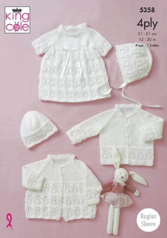 King Cole 4ply Knitting Pattern Coat Cardigan Dress Hat Bonnet Blanket 5358 - image 1 of 2