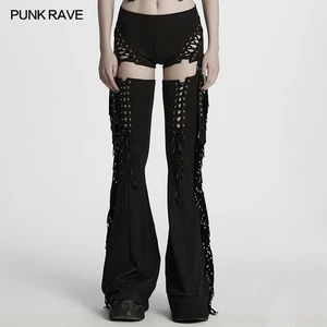 Punk Rave Mujer Negro Gótico Punk Pantalones Desmontables Cordón Acampanados Pantalones - Imagen 1 de 22