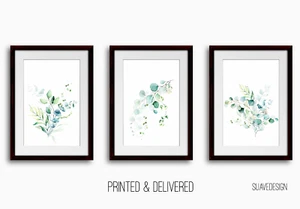 Eucalyptus Prints Set of 3 Botanical Leaves Wall Art Decor Green Watercolour - Picture 1 of 6