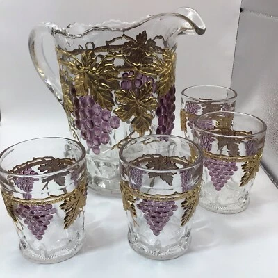 Juego de 4 vasos y jarra de agua de vidrio Mosser vintage 52 oz hoja de oro uvas como nuevo Foto 1 de 4