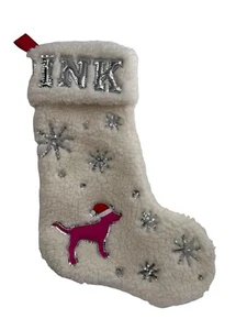 Victorias Secret PINK Silver Logo Bling White Sherpa Dog Christmas Stocking a - Picture 1 of 9