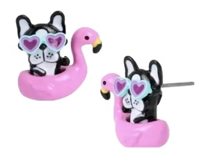 BETSEY JOHNSON PINK FLAMINGO FLOAT FRENCH BULLDOG DOG HEART EARRINGS STUDS - Picture 1 of 2