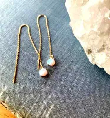 2 Ct Round Lab-Created Fire Opal Drop Thread Earrings 14k Gold Plated Solid 925 - Image 1 of 4