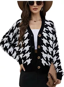 Women’s Houndstooth Loose Sweater Cardigan V Neck Drop Shoulder - Picture 1 of 5