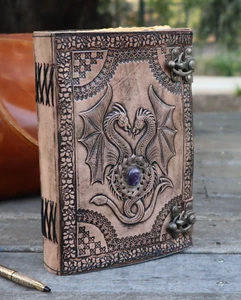 10x7 Antique Dragon Leather Journal | 280 Antique Pages | 2x Brass C Lock - Picture 1 of 5