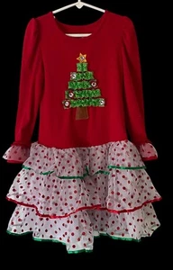 Girls’ Size 6 Fancy Christmas Dress By Nannette Red White Green Tree - Picture 1 of 13