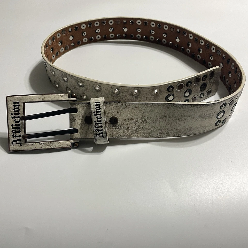 Affliction Unisex White Leather Two Straps Size Small 40x1.75 Grunge Y2K Studded - Image 1 of 4