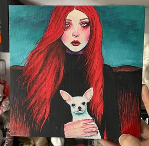 8x8 inch Gothic Woman Holding Chihuahua Dog – Surreal 8x8 Acrylic Painting - Picture 1 of 9