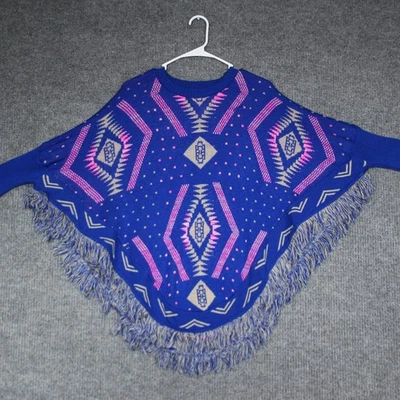 Womens Blue Pink Tan Knit Poncho Sweater Fringed Aztec Boho Festival - Image 1 of 4
