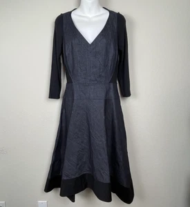 Donna Karan Fit & Flare Denim Dress Size 6 Mixed Media Blue Black Pockets - Picture 1 of 10