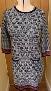 PER UNA Jumper dress NAVY BLUE WHITE CORAL GEO PATTERN with pockets size 14 - Picture 1 of 7