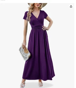 Women’s Maxi Dress Medium Purple Wrap V Neck Short Sleeve With Pocket - Picture 1 of 6