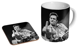 Johnny Cash dedo medio - juego de regalo de taza de café/té y montaña rusa - Imagen 1 de 1