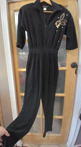 Vintage Jumpsuit Velour Black Velvet Embroidered 70s 80s Elastic Waist  Sz XS - Picture 1 of 10