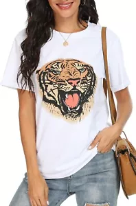 Women Casual Funny Basic Tiger White Shirt Graphic Vintage Tees Size Small - Picture 1 of 3