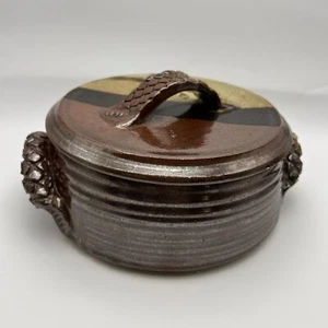 Signed Studio Pottery Vintage Casserole Pot Lid With Handles Handcrafted 7”x3” - Picture 1 of 9