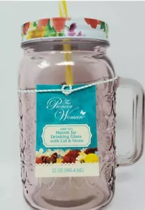 The Pioneer Woman Sunny Days 32oz Mason Jar With Handle Lid & Straw Pink Color - Picture 1 of 10
