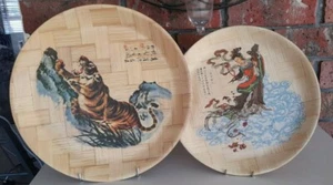 2 x VINTAGE ORIENTAL BAMBOO TRAYS HAND PAINTED TIGER  36cm GODDESS  31cms - Picture 1 of 6