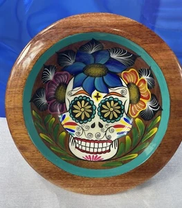 Holz Sugar Skull Schale handbemalt Tag der Toten türkis, blau, rosa & grün - Bild 1 von 9