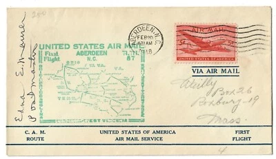 USA Old First Flight C.A.M. AM 87 Aberdeen N.C. To Cincinnati Ohio 1948 with Map - Image 1 of 4