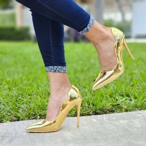 Womens Pointed Toe Stiletto High Heels Pumps Gold Color - Picture 1 of 7
