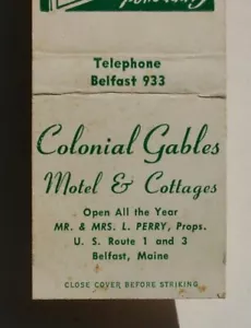 1950s Colonial Gables Motel Perry Belfast ME Waldo Co Matchbook Maine - Bild 1 von 1