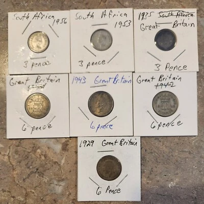 Lote de 7 moedas de prata vintage Grã-Bretanha África do Sul.  3 e 6 pence 1929 a 1956 - Imagem 1 de 4