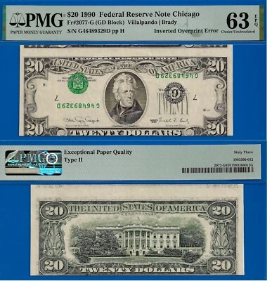 1990 $20 Federal Reserve Note PMG 63EPQ inverted overprint error note fr 2077-G - Image 1 of 3
