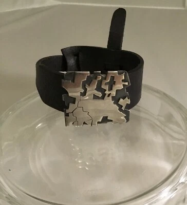 Vintage MUSE Artisan Black Leather Sterling Silver Overlay Charm/Slide Bracelet - Image 1 of 4