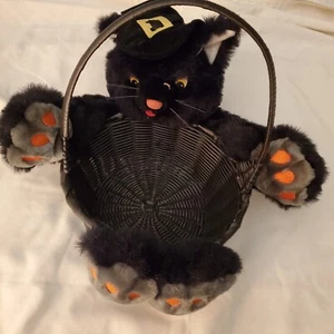 Vintage schwarze Katze Hexenhut Plüschkorb Halloween Wohndeko von FACT Games - Bild 1 von 8