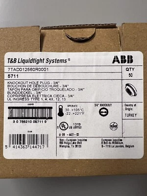 Thomas and Betts 5711 3/4” Knockout Plug LiquidTight Neopreno Caja de 50 Foto 1 de 4