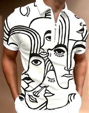 Polo T Shirts Men Zipper Collar Black White Abstract Face Print Short Sleeve Top