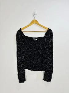 Mint Velvet Top Women Size 14 Black White Spotted 3/4 Sleeve Shirred Stretch - Picture 1 of 11