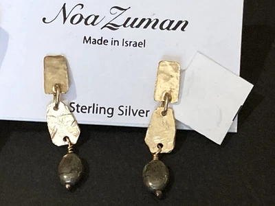 Noa Zuman Israel Earrings Hammered Gold over Sterling Silver Pyrite Drop/Dangle - Image 1 of 4