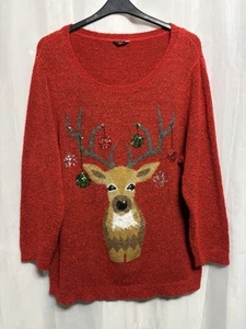-892 M&Co Plus Sz 26 Red Knit Festive Reindeer/Stag Xmas Jumper - Picture 1 of 4