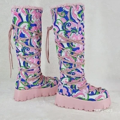 Emo Wymsy готический зимний Stomper 2» платформе колена ботинки розовый дизайн Fx мех отделки - Изображение 1 из 4