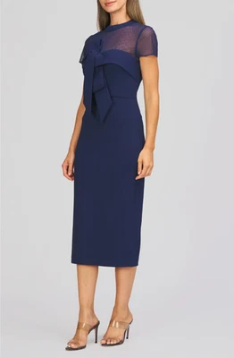 NWT JS COLLECTIONS Roselle Bow Detail Cocktail Midi Dress | Size 8 | Navy Color - Image 1 of 4