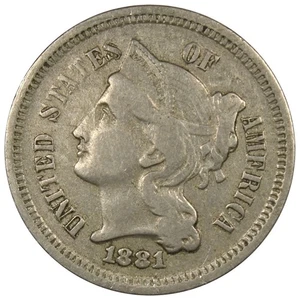 1881 Three Cent Nickel XF+ EXTRA FINE Condition Circulated A2624 - Picture 1 of 2