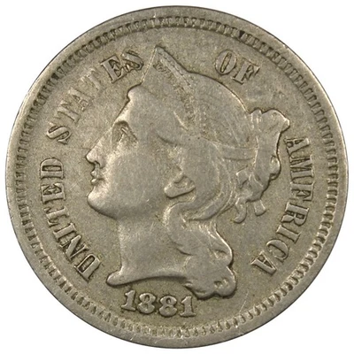 1881 Three Cent Nickel XF+ EXTRA FINE Condition Circulated A2624 - Image 1 of 2