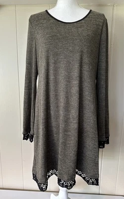 Modcloth Fervour Gray long sleeve sweater dress Black Lace Trim On Sleeve Hem XL - Image 1 of 4