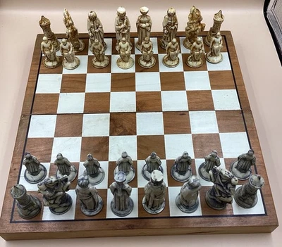 1970’s  Vintage Medieval Theme Magnetic Folding Wood Chess Board & Resin Pieces - Image 1 of 4