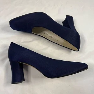 VTG Nordstrom Navy Fabric Pump Heel Chunky Heel Square Toe Size 8.5 W Neutral - Picture 1 of 10