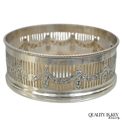 Sheffield Edwardian Silver Plated Fretwork Draped Mahogany Wine Bottle Coaster Foto 1 de 4