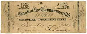 1862 Bank of the Commonwealth VA $1.25 VA170-G24 (L2738) - Picture 1 of 2