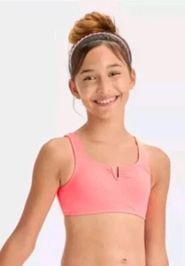 Girls’ Classic Ribbed Solid Bikini Top - Art Class Coral Orange Large 10/12 NEW - Picture 1 of 3
