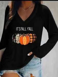 Plus size 20 2x IT'S FALL Y'ALL V Neck Thin Black Pumpkins Long Top - Picture 1 of 3