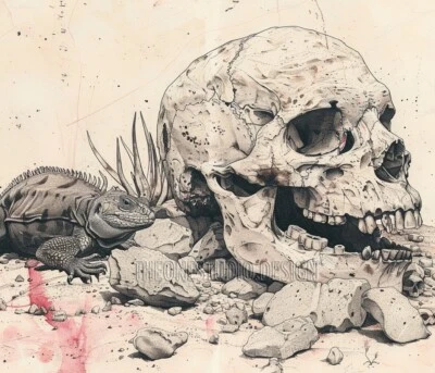 Digital Pic Desktop Wallpaper Background Skull Lizard Image Pencil Drawing Photo - Image 1 of 3