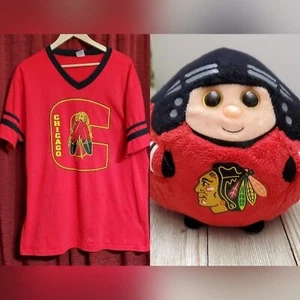 Vintage RARE XL, Chicago Blackhawks NHL,V-neck T-shirt & TY Ball! Augusta Sports - Picture 1 of 8