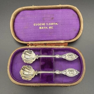 Pr Hotchkiss & Schreuder Coin Sterling Silver Medallion Salt Spoons H &S W/ Box - Picture 1 of 12