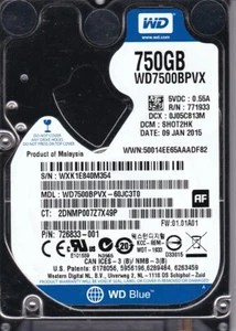WD7500BPVX-60JC3T0 dcm: SH0T2HK JAN 2015 750GB SATA Malaysia 2.5 WESTERN DIGITAL - Picture 1 of 3